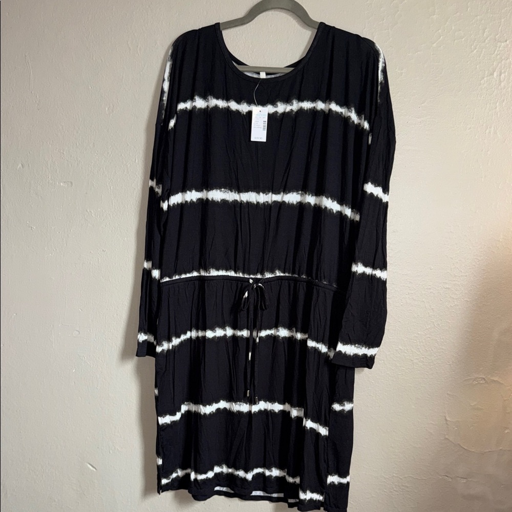 Maurices Black and White Striped Tie-Waist Long Sleeve Dress